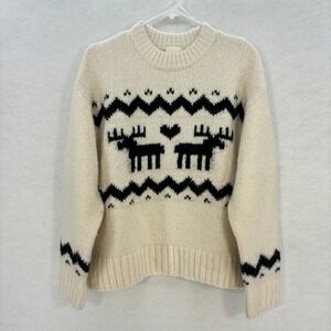 Moose Sweater SMALL Cream Black Knit Pullover Winter Wool Blend Comfy Casual